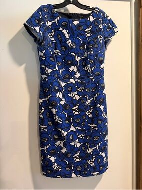 Talbots Royal Blue and Black Floral Cap-Sleeve Sheath Dress